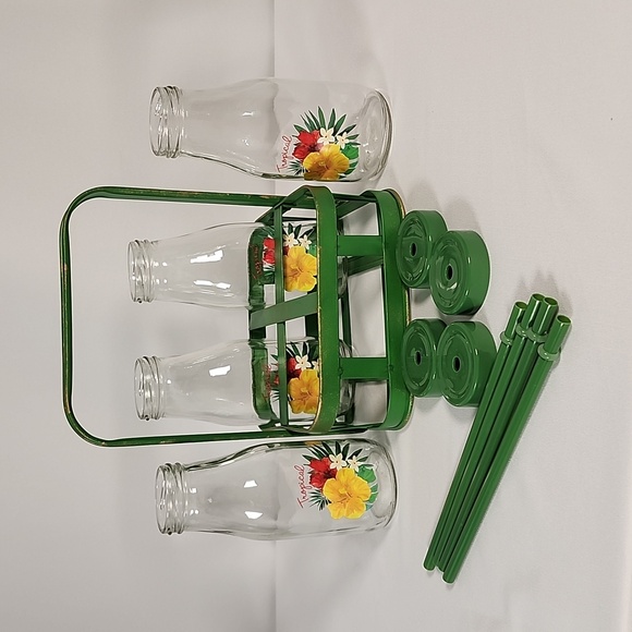 4 piece set of glass Milk bottles with carrying metal rack with handle - Picture 14 of 16